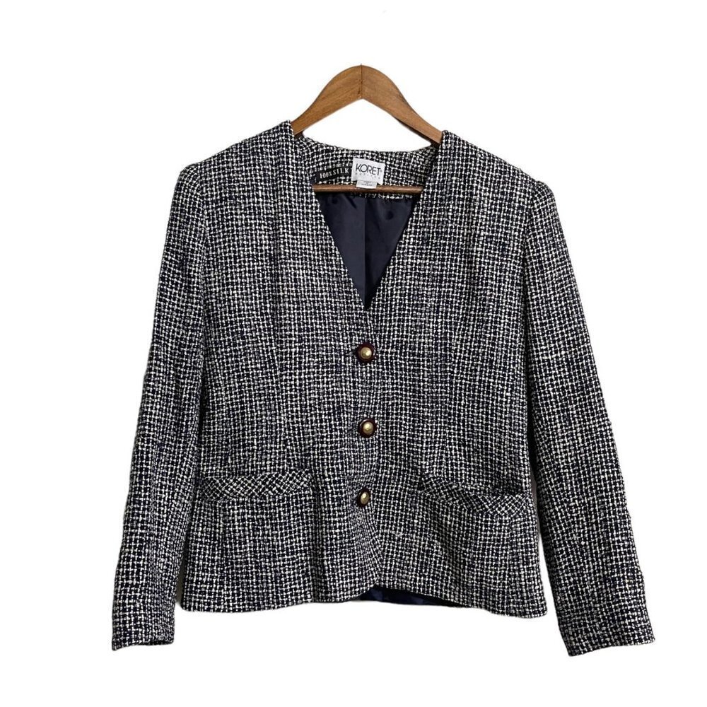 Vintage Koret Womens Blue Textured 100% Silk Academia Pockets Blazer Size 6